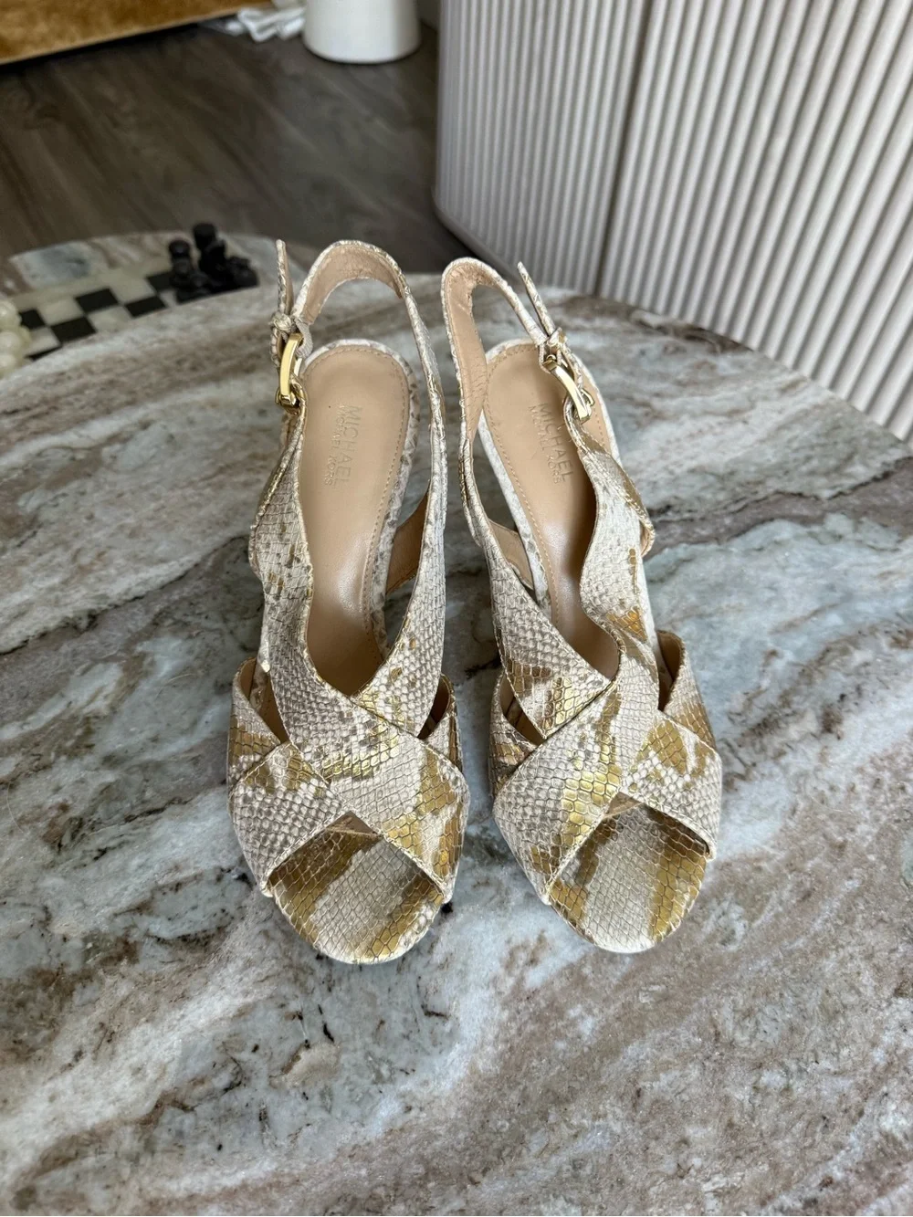 Michael Kors Becky Metallic Snakeskin Slingback Heels Gold Sandals 7.5